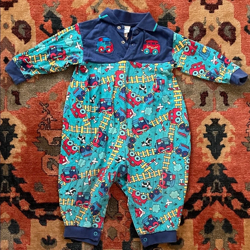 Vintage Baby OshKosh B'gosh Boys Retro One-Piece Train Romper Onsie 24M 80s 90s